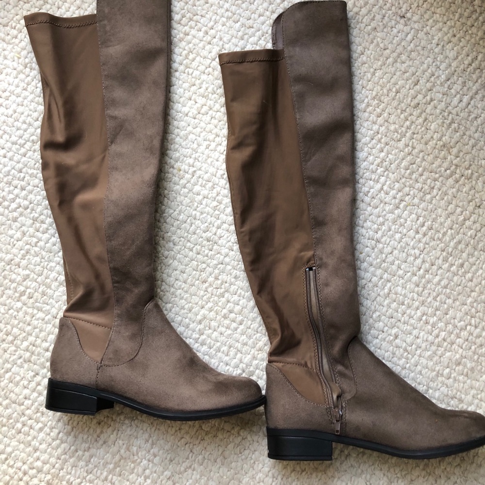 Brown faux suede knee boots
